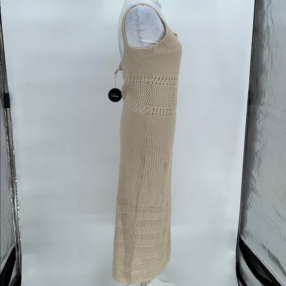 Lulus Beige Crochet Knit Midi Dress Sleeveless Bodycon Small NWT - Picture 5 of 8